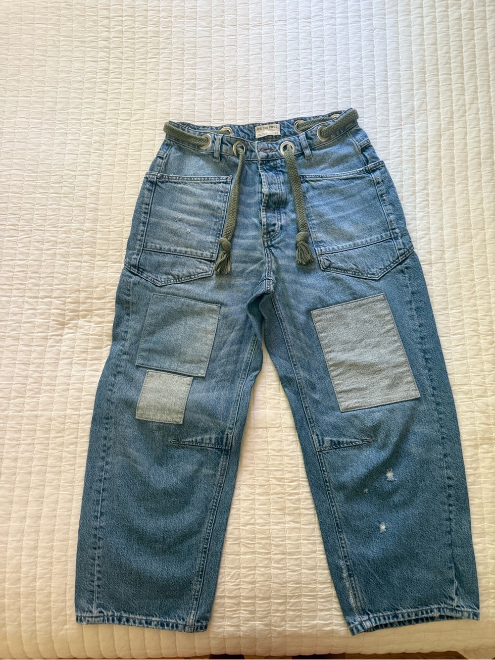 We The Free Patchwork Light Blue Relaxed Jeans with Rope Waist Tie